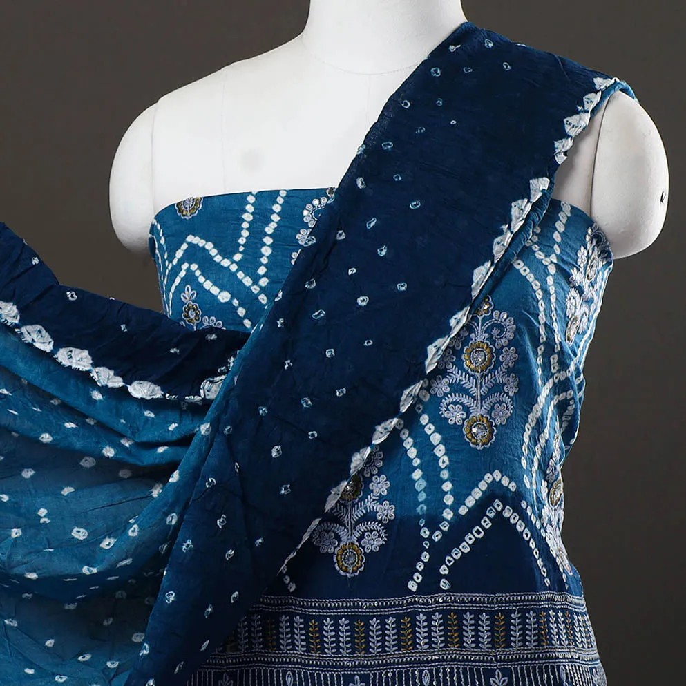 Blue - 3pc Satin Cotton Kutch Bandhani Dress Material 51