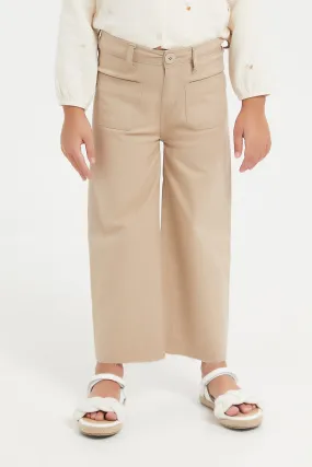 Girls Beige Wide Leg Jean With Front Patch Pockets