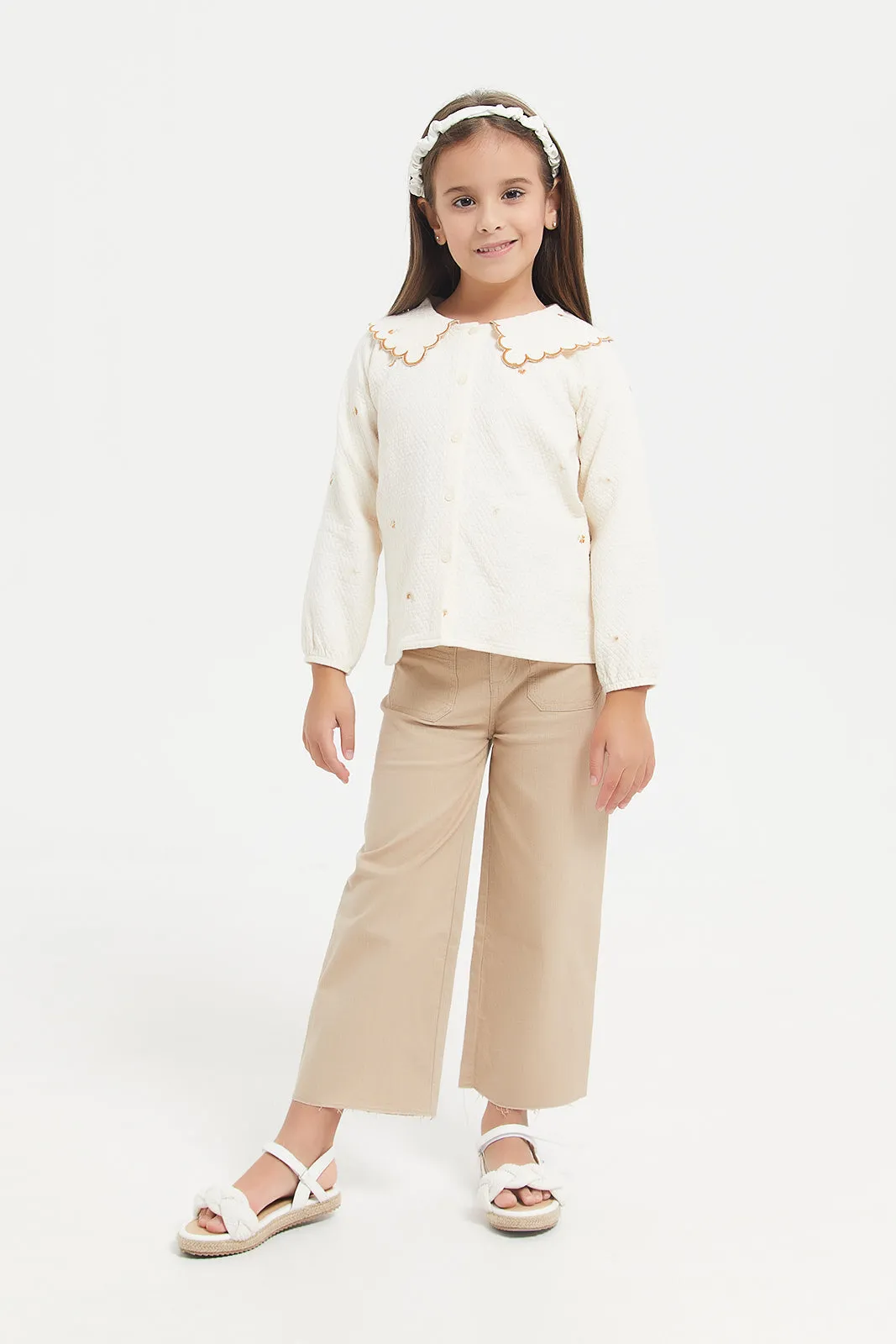 Girls Beige Wide Leg Jean With Front Patch Pockets