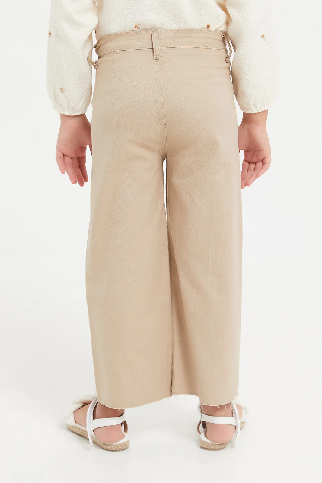 Girls Beige Wide Leg Jean With Front Patch Pockets