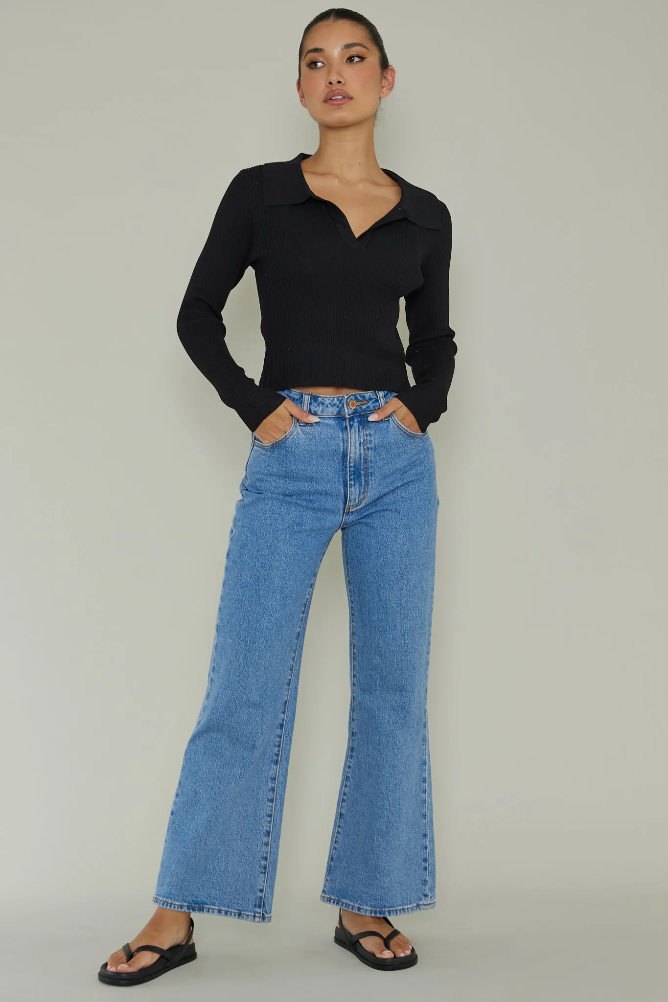 Lake Days Collared Knit Top Black