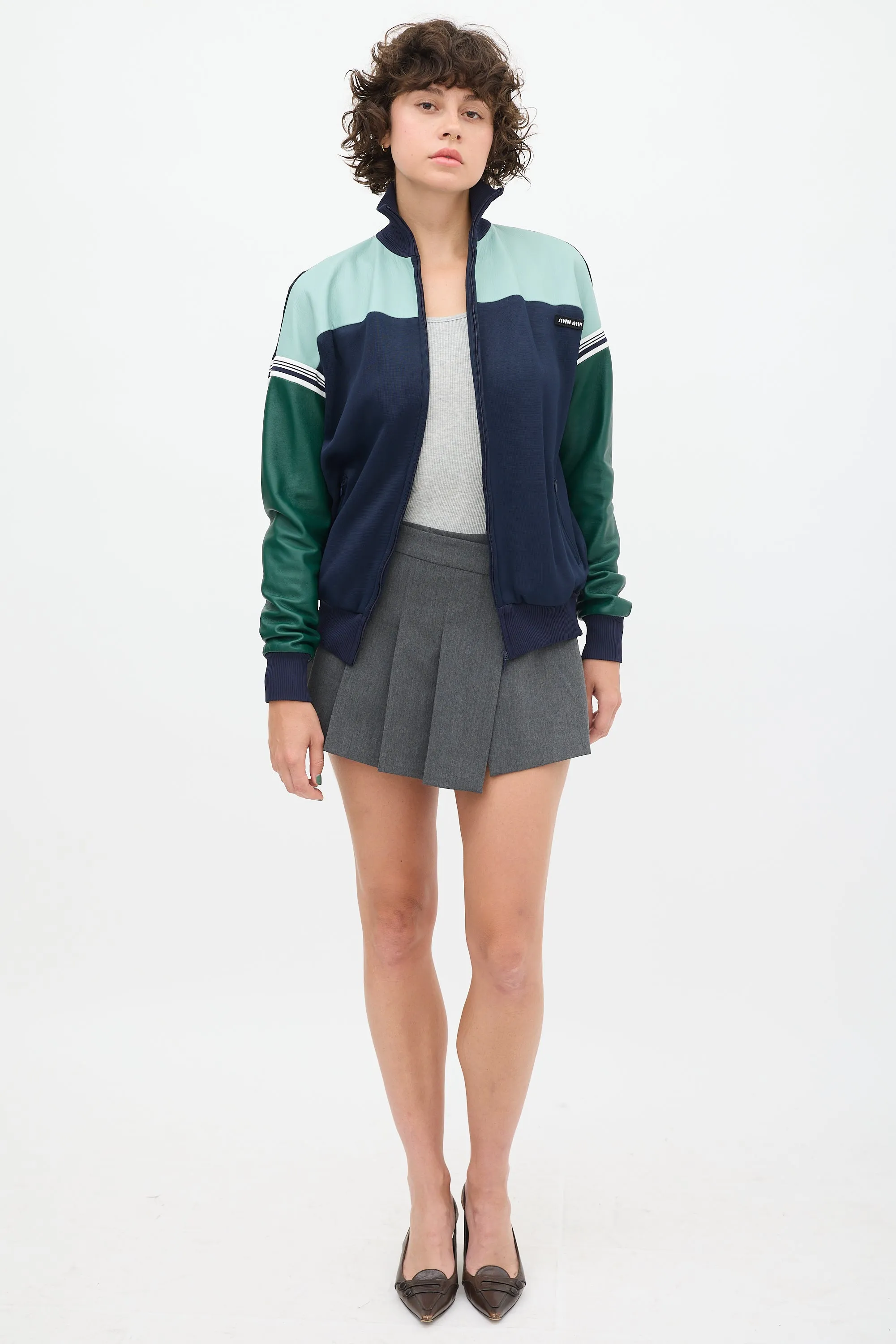 Navy & Green Leather Track Jacket