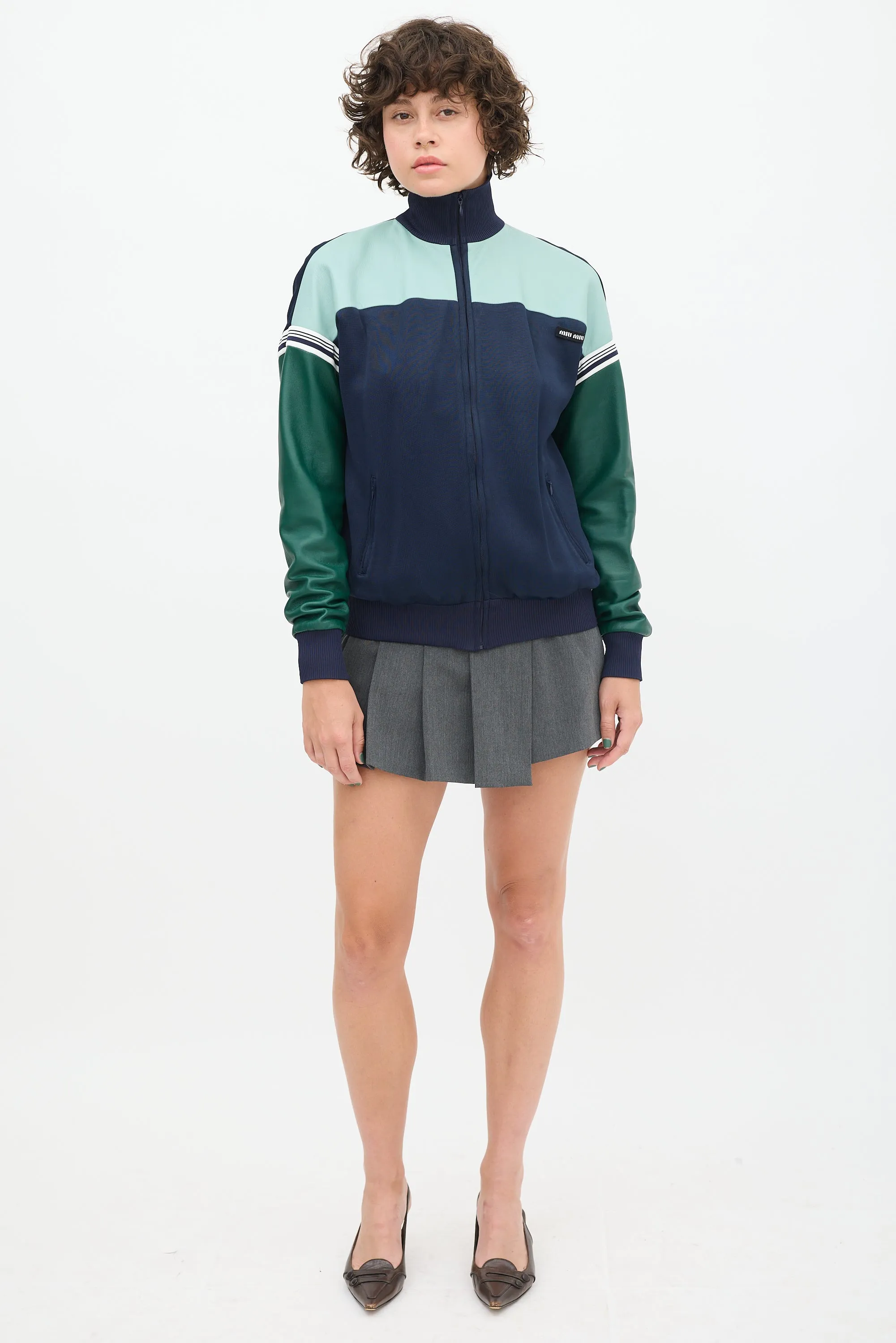 Navy & Green Leather Track Jacket