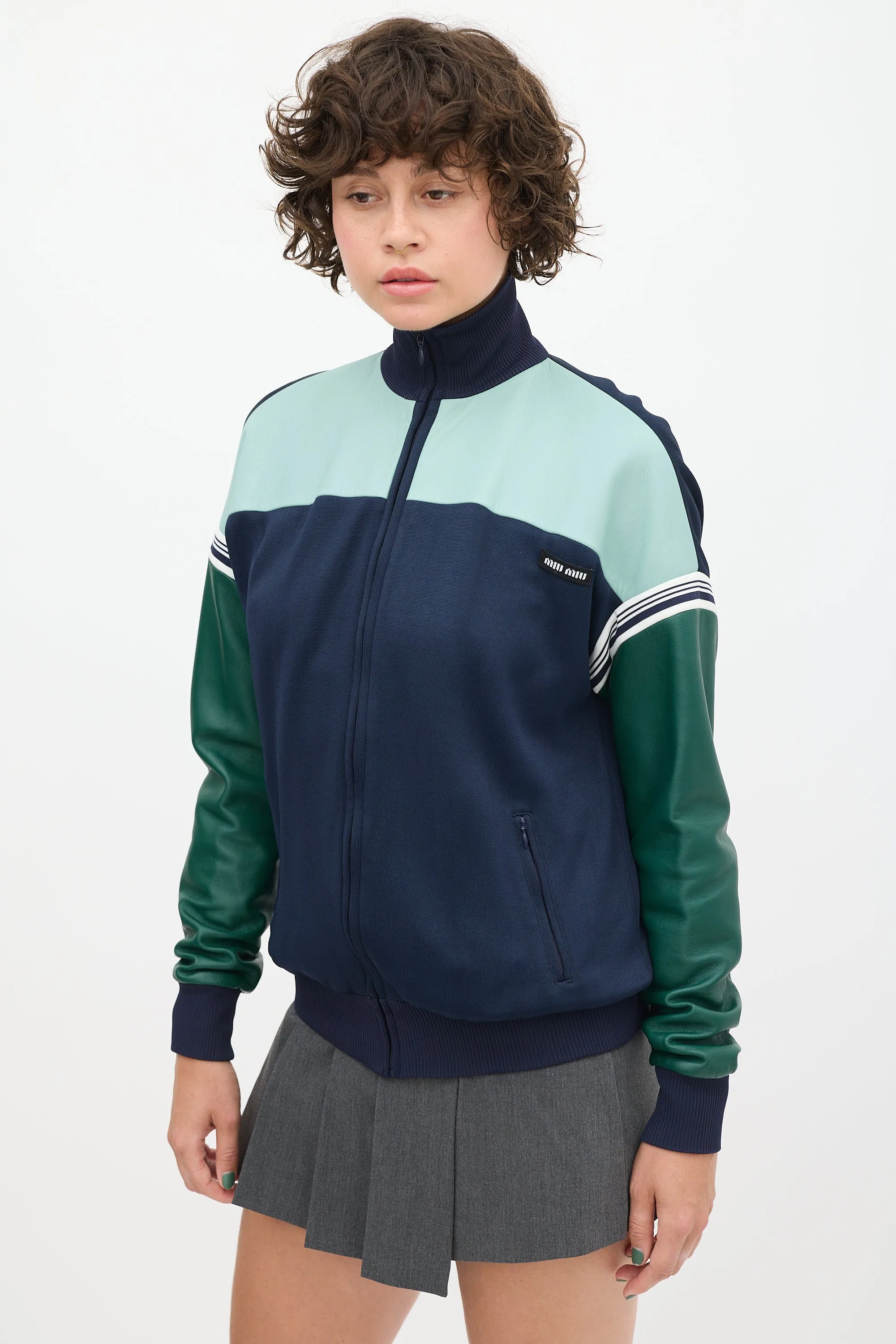 Navy & Green Leather Track Jacket