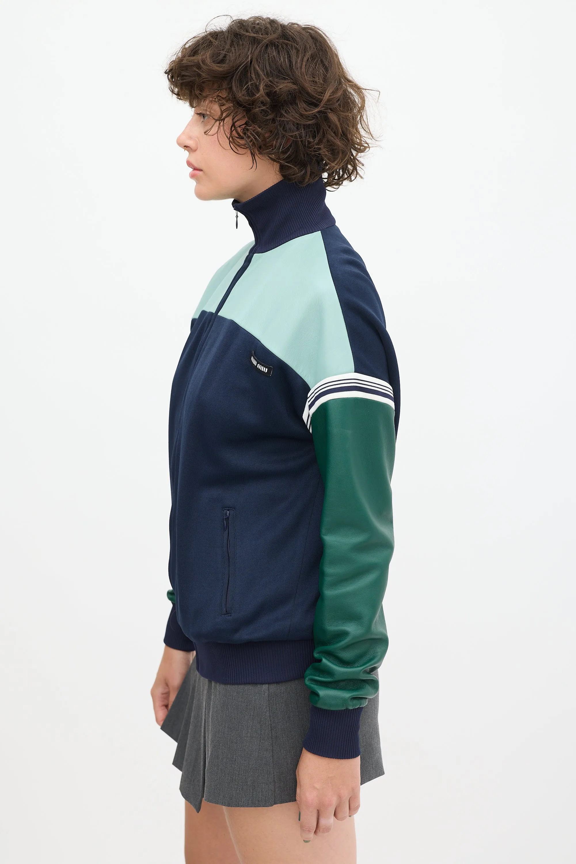 Navy & Green Leather Track Jacket