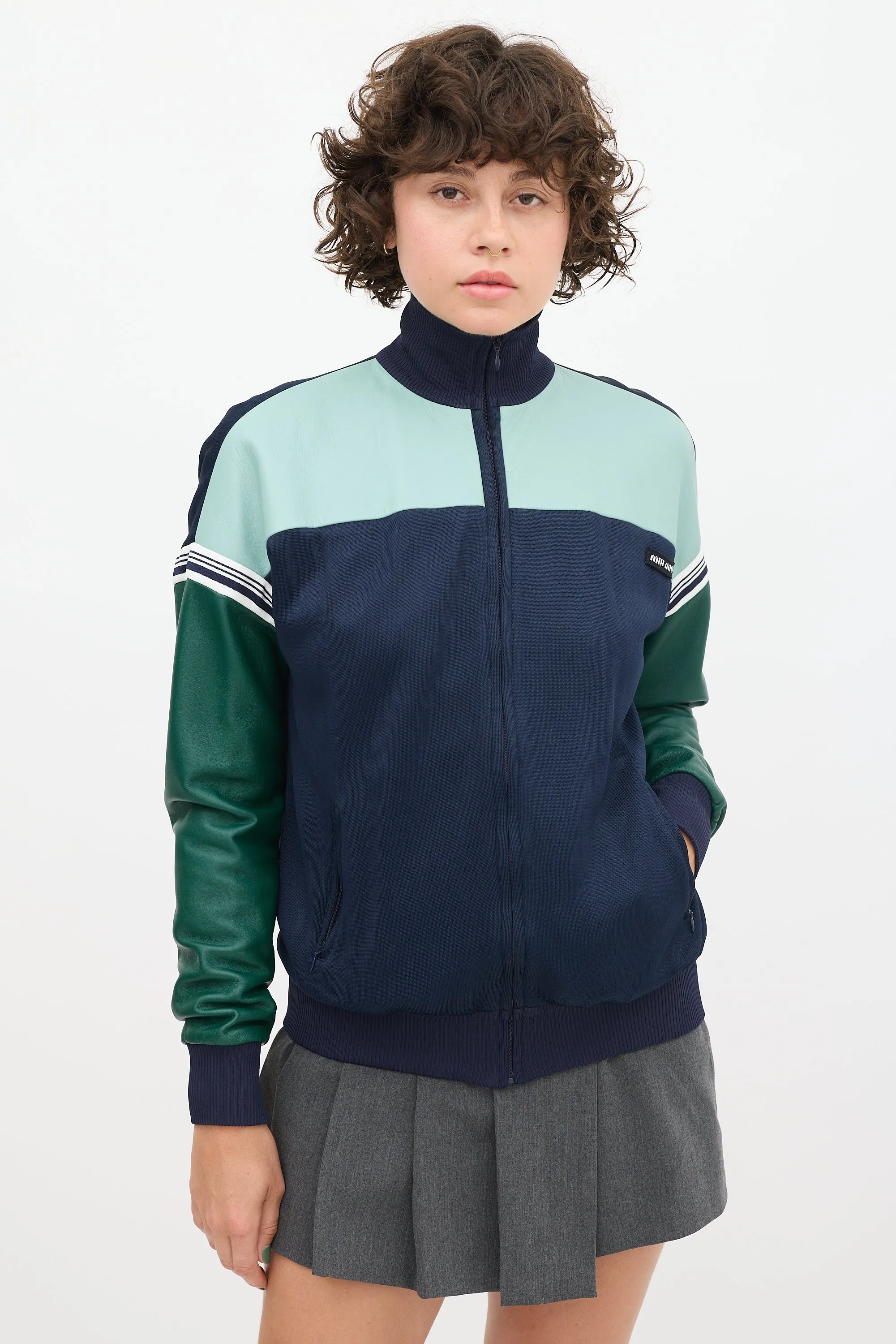 Navy & Green Leather Track Jacket