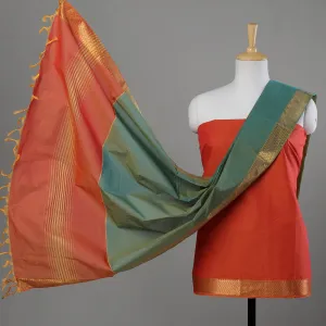 Orange - 3pc Mangalagiri Cotton Suit Material Set with Zari Border