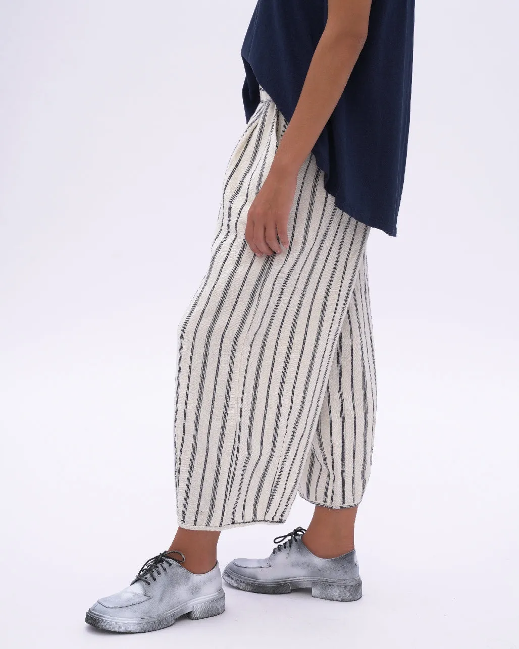 Striped Cotton Linen Elastic Waist Culottes