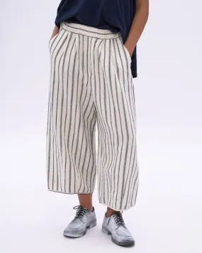 Striped Cotton Linen Elastic Waist Culottes
