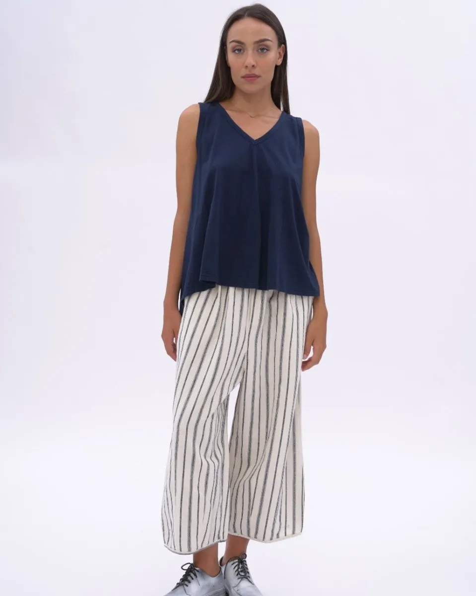 Striped Cotton Linen Elastic Waist Culottes