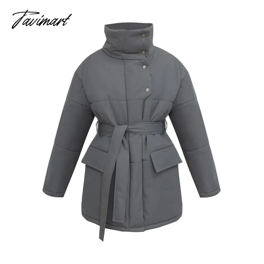 Tavimart  Casual Collar Cotton-padded Parkas Women Fashion Tie Belt Solid Black Coats Women Elegant Zip Up Cotton Jackets Female Ladies