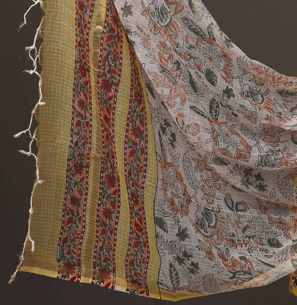 Yellow - 3pc Sanganeri Block Print Cotton Dress Material Set 05